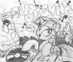 Size: 1200x1013 | Tagged: safe, artist:yewdee, spike, twilight sparkle, alicorn, dragon, pony, g4, dj scales and tail, female, male, sketch, turntable, twilight sparkle (alicorn), winged spike, wings