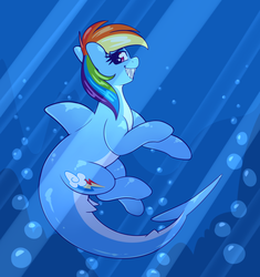 Size: 3432x3650 | Tagged: safe, artist:graphene, rainbow dash, original species, pony, shark pony, g4, atg 2019, birbshark, bubble, crepuscular rays, female, grin, high res, looking at you, looking back, newbie artist training grounds, pale belly, sharkified, sharp teeth, smiling, solo, species swap, teeth, underwater