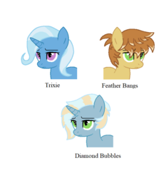 Size: 704x766 | Tagged: safe, artist:snowmblack, feather bangs, trixie, oc, oc:diamond bubble, pony, g4, feathertrix, female, male, offspring, parent:feather bangs, parent:trixie, parents:feathertrix, shipping, straight