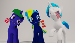 Size: 2100x1200 | Tagged: safe, artist:deloreandudetommy, oc, oc only, oc:supersaw, oc:tpuk, oc:ultra marine, pony, 3d, blender, canada, denmark, excited, flag, happy, mouth hold, united states