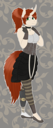 Size: 959x2287 | Tagged: safe, artist:dyonys, derpibooru exclusive, oc, oc only, oc:chiyo saito, unicorn, anthro, plantigrade anthro, amputee, choker, clothes, curved horn, female, fingerless gloves, gloves, horn, leggings, looking at you, prosthetic limb, prosthetics, shoes, simple background, skirt, steampunk, tank top