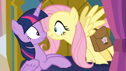 Size: 3840x2160 | Tagged: safe, screencap, fluttershy, twilight sparkle, alicorn, pegasus, pony, a health of information, g4, bed, boop, duo, excited, eye contact, female, frown, grin, high res, looking at each other, mare, nose wrinkle, noseboop, saddle bag, smiling, spread wings, squee, twilight sparkle (alicorn), upscaled, wide eyes, wings, worried
