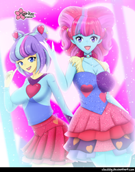 Size: 994x1263 | Tagged: safe, artist:clouddg, kiwi lollipop, supernova zap, equestria girls, equestria girls specials, g4, my little pony equestria girls: better together, my little pony equestria girls: sunset's backstage pass, breasts, busty kiwi lollipop, busty supernova zap, cleavage, clothes, dress, duo, duo female, female, k-lo, lipstick, looking at you, miniskirt, multiple variants, open mouth, pleated skirt, postcrush, signature, skirt, su-z