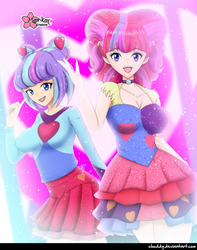 Size: 994x1263 | Tagged: safe, alternate version, artist:clouddg, kiwi lollipop, supernova zap, human, equestria girls, equestria girls series, g4, sunset's backstage pass!, spoiler:eqg series (season 2), breasts, busty kiwi lollipop, busty supernova zap, cleavage, clothes, dress, duo, duo female, female, human coloration, k-lo, looking at you, miniskirt, multiple variants, nail polish, open mouth, pleated skirt, postcrush, sexy, signature, skirt, su-z