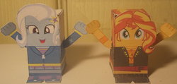 Size: 1500x715 | Tagged: safe, artist:grapefruitface1, sunset shimmer, trixie, equestria girls, g4, craft, irl, papercraft, photo, toy a day