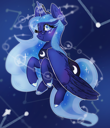 Size: 800x936 | Tagged: safe, artist:rednineuwu, princess luna, pony, g4, constellation, cute, female, looking at you, one eye closed, solo, stars