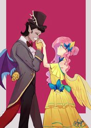 Size: 1400x1980 | Tagged: safe, artist:sadistjolt, accord, fluttershy, human, g4, accoshy, clothes, dress, eared humanization, female, hand kiss, humanized, male, shipping, straight, winged humanization, wings