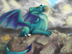 Size: 2000x1500 | Tagged: safe, artist:t72b, derpibooru exclusive, princess ember, dragon, g4, atg 2019, cloud, dragoness, female, frown, glare, lying down, mountain, newbie artist training grounds, older, older ember, rock, scales, scenery, solo, spread wings, wings