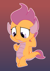 Size: 1249x1791 | Tagged: safe, artist:andromedasparkz, scootaloo, dragon, g4, arm behind head, atg 2019, dragonified, female, newbie artist training grounds, not smolder, scootadragon, simple background, solo, species swap, worried