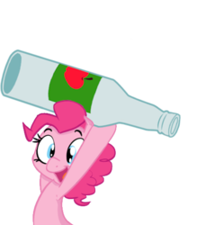 Size: 491x495 | Tagged: safe, artist:mlpcreativelab, artist:shoutingisfun, edit, editor:luzion, pinkie pie, earth pony, pony, g4, apple cider, armpits, bottle, carrying, cider, drink, female, mare, object, simple background, smiling, solo, throwing, transparent background