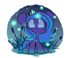 Size: 1102x903 | Tagged: safe, artist:sourspot, princess luna, alicorn, firefly (insect), pony, g4, cattails, chibi, crown, cute, female, filly, jewelry, lunabetes, mare, night, no nose, reeds, regalia, sitting, solo, woona, younger