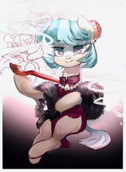 Size: 654x894 | Tagged: safe, artist:tingsan, coco pommel, earth pony, pony, g4, clothes, dress, female, jewelry, necklace, pearl necklace, pipe, smoking, solo