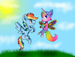 Size: 1024x768 | Tagged: safe, rainbow dash, cat, pegasus, pony, g4, butterfly wings, cloud, collar, crossover, crossover shipping, felicidash, felicity (rbuk), female, flying, fur, grass, horn, interspecies, lesbian, looking at each other, rainbow butterfly unicorn kitty, shipping, sky, smiling, sun, wings