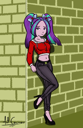 Size: 919x1411 | Tagged: safe, artist:mitconnors, aria blaze, equestria girls, g4, against wall, belly button, clothes, female, high heels, looking at you, midriff, pants, shoes, smiling, solo