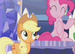 Size: 768x554 | Tagged: safe, screencap, applejack, pinkie pie, earth pony, pony, g4, the last laugh, animated, cropped, cute, diapinkes, duo, female, mare, nuzzling, sitting, wavy mouth, weapons-grade cute