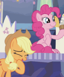 Size: 520x622 | Tagged: safe, screencap, applejack, pinkie pie, g4, the last laugh, animated, cropped, cupcake, cute, cutie map, duo, female, food