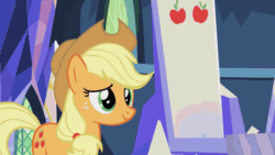 Size: 640x360 | Tagged: safe, screencap, applejack, pinkie pie, earth pony, pony, g4, the last laugh, animated, applejack is not amused, applejack's hat, cowboy hat, cute, duo, female, freckles, frown, grin, hat, insulted, jackabetes, lidded eyes, mare, mood swing, ponytail, raised eyebrow, sheepish grin, smiling, stetson, twilight's castle, unamused
