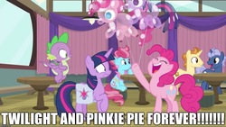 Size: 1136x640 | Tagged: safe, edit, edited screencap, screencap, cup cake, golden crust, midnight snack (g4), pinkie pie, spike, twilight sparkle, alicorn, dragon, pony, unicorn, a trivial pursuit, g4, balloon, caption, chinese, excessive exclamation marks, female, friendship student, image macro, male, mare, pinkie balloon, pinkie pie balloons, stallion, text, twilight balloon, twilight sparkle (alicorn), winged spike, wings