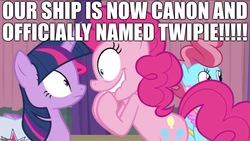 Size: 1136x640 | Tagged: safe, edit, edited screencap, screencap, cup cake, pinkie pie, twilight sparkle, alicorn, pony, a trivial pursuit, g4, canon, caption, excessive exclamation marks, faic, female, image macro, lesbian, ship:twinkie, shipping, smiling, text, truth, twilight sparkle (alicorn)