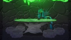 Size: 1920x1080 | Tagged: safe, queen chrysalis, changeling, changeling queen, g4, female, glowing eyes, looking at you, mlp conquest, solo, table