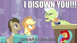 Size: 1136x640 | Tagged: safe, edit, edited screencap, screencap, applejack, doctor whooves, granny smith, time turner, earth pony, pony, a trivial pursuit, g4, caption, chinese, dishonorapple, disowned, excessive exclamation marks, female, funny, image macro, male, mare, sitting, stallion, text