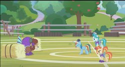 Size: 844x453 | Tagged: safe, screencap, lighthoof, rainbow dash, shimmy shake, yona, earth pony, pony, yak, 2 4 6 greaaat, g4, blowing, blowing whistle, cheering, cheerleader, cheerleader outfit, cheerleader yona, coach, coach rainbow dash, coaching cap, cute, hat, hay, hay bale, puffy cheeks, rainblow dash, rainbow dashs coaching whistle, stomping, that pony sure does love whistles, whistle