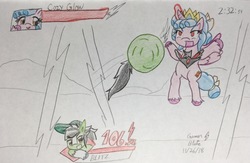 Size: 2354x1536 | Tagged: safe, artist:gmangamer25, cozy glow, oc, oc:gamer blitz, alicorn, pegasus, pony, g4, alicorn amulet, alicornified, ball, cozycorn, crossover, female, glowing horn, hilarious in hindsight, horn, jumping, lightning, magic, male, mare, motion lines, race swap, rolling, sonic the hedgehog, sonic the hedgehog (series), spin dash, stallion, super smash bros., super smash bros. ultimate, traditional art