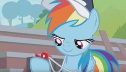 Size: 1473x851 | Tagged: safe, screencap, rainbow dash, pegasus, pony, 2 4 6 greaaat, g4, coach, coach rainbow dash, coaching cap, cute, dashabetes, female, lidded eyes, mare, rainbow dashs coaching whistle, solo, that pony sure does love whistles, this will end in deafness, whistle