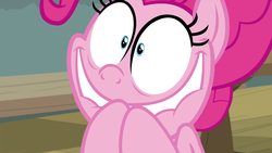 Size: 1920x1080 | Tagged: safe, screencap, pinkie pie, earth pony, pony, a trivial pursuit, g4, season 9, excited, faic, female, grin, hooves together, lip bite, mare, pinkie being pinkie, shrunken pupils, smiling, solo, wide smile