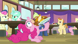 Size: 1920x1080 | Tagged: safe, screencap, bon bon, fluttershy, golden crust, lyra heartstrings, midnight snack (g4), pinkie pie, sweetie drops, earth pony, pony, a trivial pursuit, g4, female, friendship student, male, stuffing