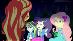 Size: 1280x720 | Tagged: safe, screencap, fluttershy, rainbow dash, rarity, sunset shimmer, equestria girls, equestria girls specials, g4, my little pony equestria girls: better together, my little pony equestria girls: sunset's backstage pass, discovery kids, female, sarcasm