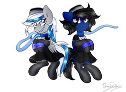 Size: 1377x1015 | Tagged: safe, artist:itwasscatters, oc, oc only, oc:galaxy nebula, oc:lady lightning strike, pegasus, pony, clothes, collar, commission, cuffs, cute, female, latex, leash, maid, maid headdress, mare, stockings, thigh highs