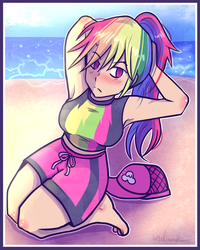 Size: 2000x2500 | Tagged: safe, artist:lunawoonanight, rainbow dash, human, equestria girls, g4, my little pony equestria girls: better together, armpits, beach, breasts, busty rainbow dash, clothes, equestria girls outfit, female, high res, human coloration, humanized, ponytail, solo, swimsuit, tying hair