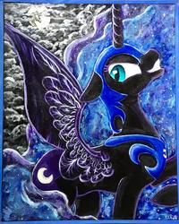 Size: 1024x1280 | Tagged: safe, artist:colorsceempainting, nightmare moon, alicorn, pony, g4, canvas, female, floppy ears, mare, moon, painting, raised hoof, solo, traditional art