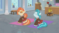 Size: 1920x1080 | Tagged: safe, screencap, lighthoof, shimmy shake, earth pony, pony, 2 4 6 greaaat, g4, animated, cheerleader, clothes, duo, eyes closed, face down ass up, female, gif, gramophone, invisible stallion, mare, out of context, pleated skirt, ponytail, skirt, stretching, sweater