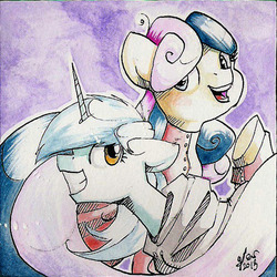 Size: 594x594 | Tagged: safe, artist:nastylady, bon bon, lyra heartstrings, sweetie drops, earth pony, pony, unicorn, g4, clothes, duo, traditional art, watercolor painting