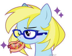 Size: 2560x1983 | Tagged: safe, artist:fivia, oc, oc only, oc:cloud cuddler, pegasus, pony, eating, food, glasses, hot dog, meat, pegasus oc, ponies eating meat, sausage, ych result