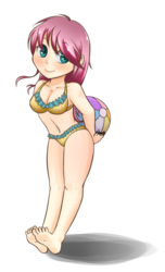 Size: 1200x1970 | Tagged: safe, artist:midnightpremiere, fluttershy, human, g4, anime, barefoot, beach ball, belly button, bikini, clothes, feet, female, humanized, simple background, solo, swimsuit, transparent background