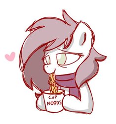Size: 404x429 | Tagged: safe, artist:sugar morning, oc, oc only, oc:depression, pony, bags under eyes, bust, clothes, cup noodles, doodle, food, heart, messy mane, noodle, portrait, scarf, simple background, sketch, sleepy, smiling, solo, tired, white background