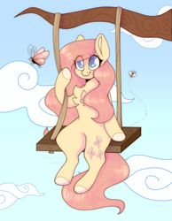 Size: 1280x1646 | Tagged: safe, artist:tuzz-arts, fluttershy, butterfly, pegasus, pony, g4, chest fluff, colored hooves, eye clipping through hair, female, mare, sitting, sky, smiling, solo, swing, three quarter view, tree branch