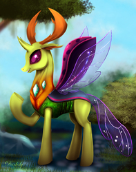 Size: 3582x4538 | Tagged: safe, artist:darksly, thorax, changedling, changeling, g4, absurd resolution, king thorax, male, raised hoof, scenery, solo