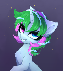 Size: 4038x4533 | Tagged: safe, artist:magnaluna, oc, oc only, oc:ice thorn, pony, unicorn, absurd resolution, cute, female, filly, grin, heterochromia, smiling, solo, super villain, thorn, ych result