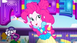 Size: 1280x720 | Tagged: safe, screencap, bright idea, micro chips, paisley, pinkie pie, valhallen, equestria girls, five lines you need to stand in, g4, my little pony equestria girls: better together, equestria girls logo, geode of sugar bombs, magical geodes, music festival outfit