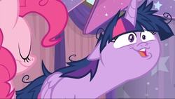 Size: 1911x1080 | Tagged: safe, screencap, pinkie pie, twilight sparkle, alicorn, pony, a trivial pursuit, g4, season 9, awkward, derp, duo, faic, floppy ears, great moments in animation, messy mane, twilight snapple, twilight sparkle (alicorn)
