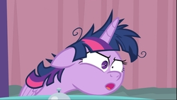 Size: 1915x1080 | Tagged: safe, screencap, twilight sparkle, alicorn, pony, a trivial pursuit, g4, crazy face, faic, female, floppy ears, mare, messy mane, solo, table, twilight snapple, twilight sparkle (alicorn)