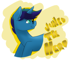 Size: 2478x2160 | Tagged: safe, artist:cadetredshirt, oc, oc only, oc:arioso, pony, unicorn, bust, colored pupils, ear fluff, glasses, high res, horn, looking back, looking up, male, simple background, smiling, solo, stallion, text, two toned mane, yellow background