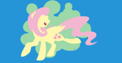 Size: 1920x997 | Tagged: safe, artist:cadetredshirt, fluttershy, pegasus, pony, g4, cutout, dancing, desktop background, female, folded wings, lineless, mare, no eyes, open mouth, simple background, solo, wallpaper, wings