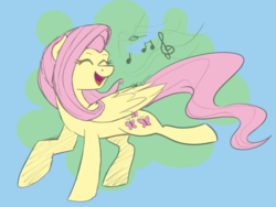 Size: 952x714 | Tagged: safe, artist:cadetredshirt, fluttershy, pegasus, pony, g4, dancing, eyes closed, female, folded wings, long tail, music notes, open mouth, simple background, singing, smiling, solo, wings