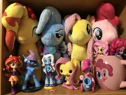 Size: 4032x3024 | Tagged: safe, fluttershy, pinkie pie, sunset shimmer, trixie, equestria girls, g4, 4de, clothes, cup, doll, equestria girls minis, female, for fans by fans, funko, funko pop!, hot topic, irl, merchandise, party cannon, photo, plushie, ponied up, swimsuit, toy