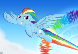 Size: 3994x2746 | Tagged: safe, artist:arcane-thunder, rainbow dash, pegasus, pony, g4, atg 2019, cloud, female, flying, high res, looking back, mare, newbie artist training grounds, smiling, solo, sonic rainboom